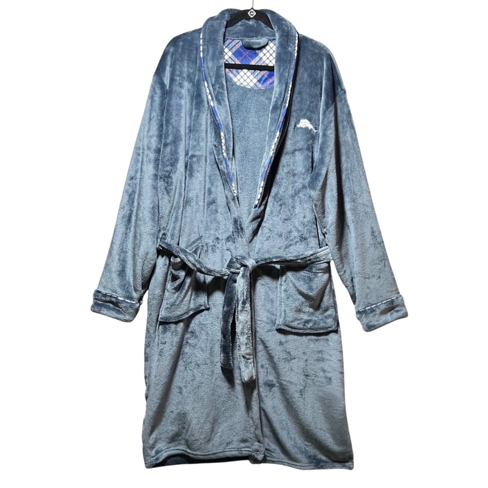 Tommy Bahama Mens Blue Plush Fleece Robe L/XL Plaid Trim Marlin Logo Bathrobe